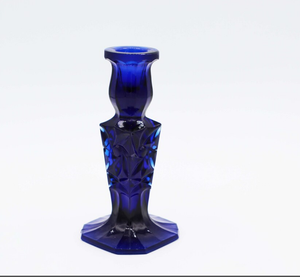 Trendy Vintage <b>Glass</b> <b>Candlestick</b> Cobalt Blue Ultramarine Cut Crystal Lead Cut Engraving <b>Candlestick</b> Print Handmade - Product Image 2
