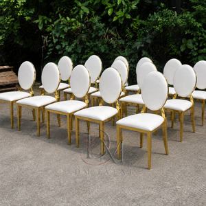 Elegante Silla de Boda Redonda con Respaldo de Medallón en Acero Inoxidable Dorado y Cojín Blanco para Eventos de Boda y Banquetes - Product Image 3