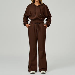 Femmes filles Compression confortable course Fitness respirant solide coton fermeture éclair à capuche pantalons de survêtement 2 pièces ensemble - Product Image 3