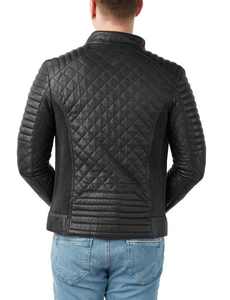Chaqueta de cuero negro ajustada personalizada para hombre con cuello levantado, cortavientos acolchado para uso informal en motocicleta y uso al aire libre - Product Image 1