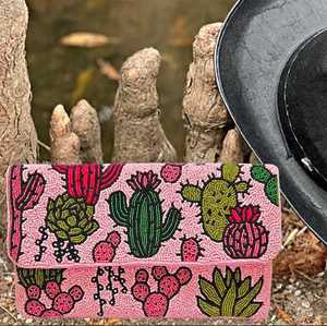 Sac à main chaîne bandoulière en perles de style bohème du sud-ouest avec cactus du désert rose succulent - Product Image 2