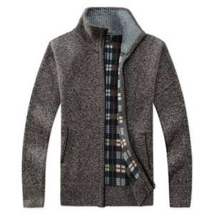 Brown Knitted <b>Zip</b> <b>Up</b> <b>Jacket</b> With Plaid Lining Warm Winter Cardigan Stylish Outerwear Comfortable Casual Sweater Coat For Men - Product Image 1