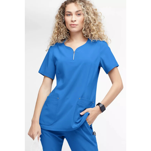 Haut de blouse médicale pour femme à col en V zippé et manches courtes, respirant et extensible, avec poches, pour infirmière, médecin et personnel hospitalier - Product Image 5