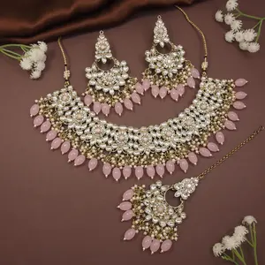 Prachtige Roze Steen Vergulde Kundan Sieraden Set Luxe Ketting Vintage Diamant Wedding Sets Indiase Bruids Kundan Sieraden