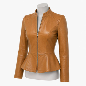 Luxury <b>Women</b> Tan Genuine Leather Peplum Jacket Slim Fit Stand Collar Front <b>zip</b> Elegant Fashion <b>Top</b> OEM Private Label Outerwear - Product Image 6