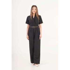 Mono Palazzo Negro con Cinturón para Mujer LUSTRIN Elegance - Elegante Traje de una Pieza de Poliéster y Elastano de Pierna Ancha para Venta al por Mayor - Product Image 3