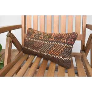 Almohada de lana de retazos Kilim marrón, cojín decorativo de 8x16 pulgadas con patrón de hojas esponjosas Vintage para uso en el suelo - Product Image 3