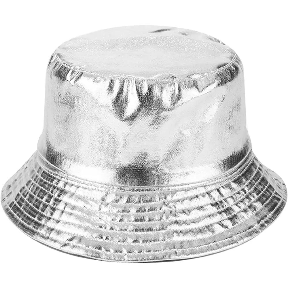 New design shiny PU leather Metallic Bucket Hat Trendy Fisherman Hats women Unisex Reversible Packable Cap hat in adult sizes