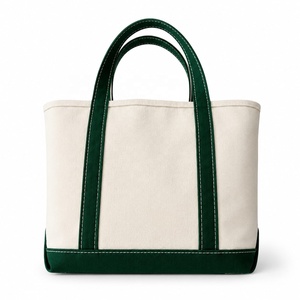 MORGANS INDUSTRIES <b>Canvas</b> <b>Tote</b> Bag Cream Green Handles Minimalist Style Open Top Zipper Closure Solid Color Daily Use All - Product Image 1