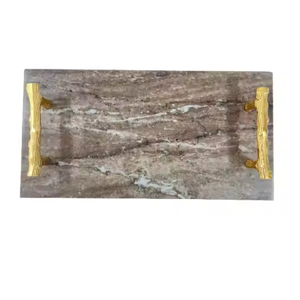 Plateau de service en aluminium et marbre doré Nouveau design Plateaux à poignée en métal Prix de gros pour la maison Hôtel Plateau à longues feuilles pour le service - Product Image 1