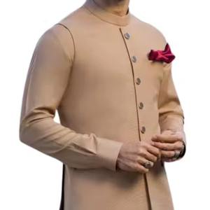 Exquisito chaleco oriental Beige Dorado con lujoso acento cuadrado de bolsillo rojo diseñado en estilo Sherwani - Product Image 5
