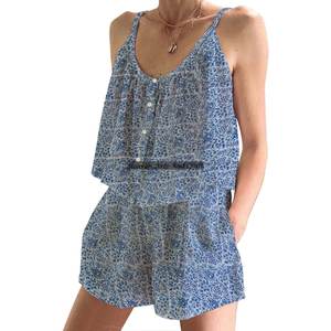 Conjunto de Pijama de Algodón para Mujer - Ropa de Estar en Casa con Estampado Floral Hecho a Mano, Conjunto de Pijama Ajustado sin Mangas con Tirantes para Primavera/Verano - Product Image 4