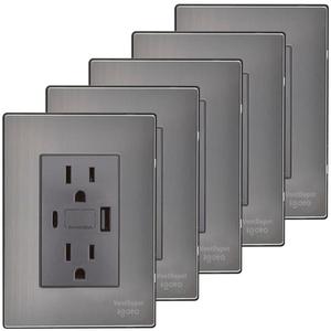 Enchufe de Corriente Dual USB, MXIXB-005, 5 Piezas, Toma de Corriente USB A/USB C/Dúplex, 110/125-250 VCA, 15 A, 50/60 Hz, 5 V CC, 3 A, Plateado/Oxford - Product Image 1