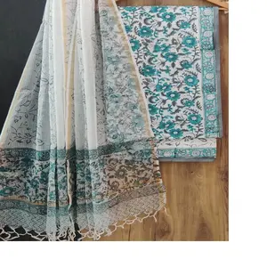 custom made blue coloured floral design cotton printed dress material in 2.5 meter lengths for top and bottom ideal for resale