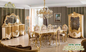 Table de salle à manger en bois de teck, design traditionnel, forme ronde, finition Antique dorée, Table ronde, haute qualité - Product Image 5