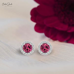 Boucles d'oreilles classiques à la mode du fournisseur en gros le mieux noté 14k griffe de partage en diamant blanc massif 4mm fêtes en tourmaline rose - Product Image 3