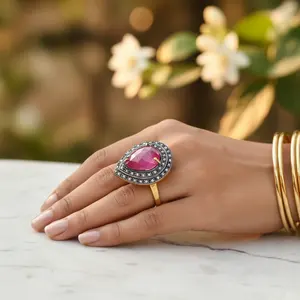 Bague en or 10 carats plaqué or avec rubis et diamants, taille poire, bijoux de fiançailles, finition rhodiée, pureté du métal 14 carats, technologie d'incrustation pour femmes - Product Image 2