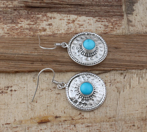 Pendientes de piedras preciosas redondas de Plata de Ley 925 turquesa para mujer, pendientes de moneda martillados hechos a mano, regalos para mamá, joyería al por mayor - Product Image 3