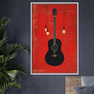 Modern Music Room Decor: Minimalist Printed Guitar <b>Canvas</b> Art,WHITE <b>FRAMED</b> <b>CANVAS</b> - Product Image 1
