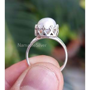 Anillo de Corona Hecho a Mano en Plata de Ley 925 con Perla de Agua Dulce, Regalo del Día de la Madre para Mujer - Product Image 5