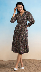 Vestido occidental Acampanado y ajustado estampado de crepé negro de alta calidad para mujer, vestido tejido acampanado occidental informal hasta el suelo - Product Image 5