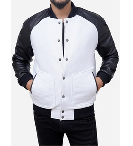 Chaqueta universitaria con logotipo bordado, chaqueta de béisbol personalizada con tiras de manga blanca, decoración con botón, chaqueta con cuello de manga de lana para hombre - Product Image 6