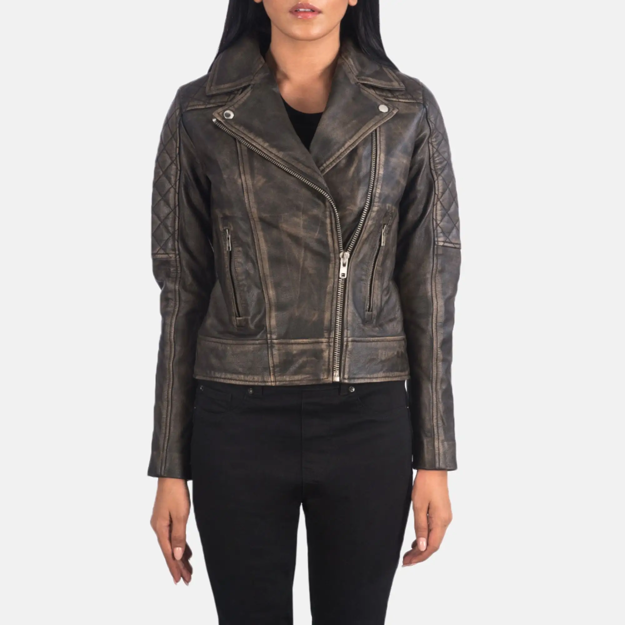 Real Leather Sheepskin Aniline Zipper Cityscape Black Women Biker Jacket with Quilted Viscose Lining and Inside Outside Pockets