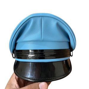 This is a pale blue real leather biker, arm, muir, <b>gay</b> cap with a black shiny peak and belt detailing - Product Image 6