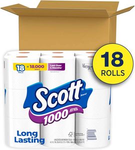 Papier toilette Scott 1000, 18 rouleaux, 1 plis, compatible avec les fosses septiques, approvisionnement en papier toilette en vrac pour la salle de bain - Product Image 1