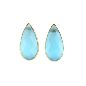 Standard Wholesale Faceted Pear Blue Cats eye Statement Earrings Gold Plated Bezel Setting Push Back Stud Earrings Fine Jewelry