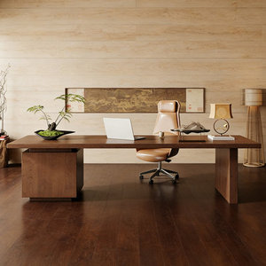 Walnut Rectangular Solid Wood Writing <b>Desk</b> with 3 <b>Drawers</b> for Home Office Bedroom - Product Image 2