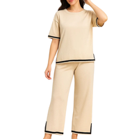 Set Piyama Wanita Mewah Organik Rajutan Satin Dua Potong Panjang Penuh Pinggang Elastis Logo Depan Lembut Nyaman Bernapas Cepat Kering