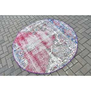 Turkish Round Rug 4.6x4.7 ft, <b>Red</b> Blue Floral Rug <b>Wool</b> - Product Image 2