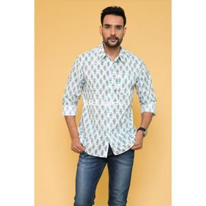 เสื้อโบโฮแขนยาวสำหรับผู้ชายทำด้วยมือผ้าฝ้ายอินเดียพิมพ์ลายบล็อกน้ำหนักเบาสไตล์ลำลองเสื้อคอปกติดกระดุม - Product Image 2