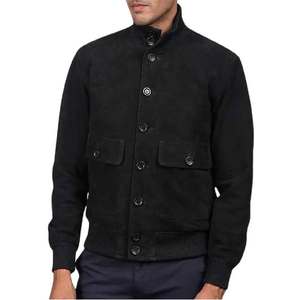 Veste en cuir de mouton noir élégant pour hommes avec col haut fermeture à glissière poignets en tricot côtelé doublure en polyester avec plusieurs poches - Product Image 2