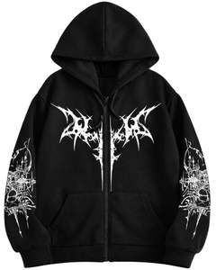 Sweat à capuche noir à fermeture éclair avec imprimé graphique tribal gothique blanc, streetwear surdimensionné pour femmes, veste en molleton de coton - Product Image 1