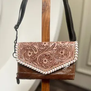 Neuzugang handgefertigte geschnitzte Lederschatulle Telefonhülle stilvolles Rinderleder weiße Stich-Brieftaschen für Damen