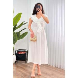 Vestido Largo Blanco al por Mayor con Cuello con Volantes - Blanco - Product Image 1