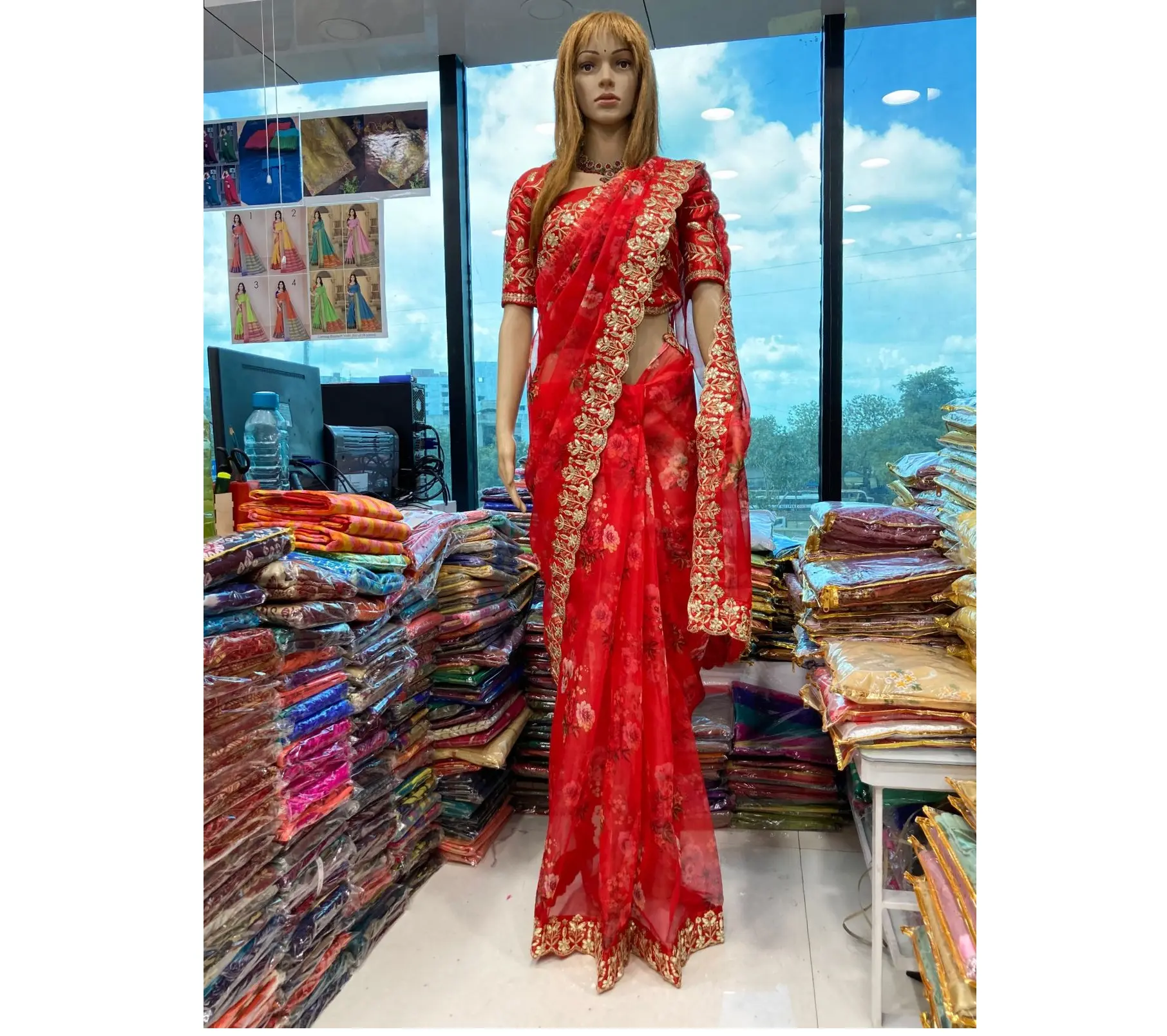 New 2022 Designer Organza Red Color Digital Printed Lace Border Saree With Embroidery Work Blouse Indian Traditional Outfit