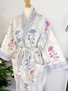 Alta calidad diseñador Kantha algodón largo Reversible Kimono bata hecha a mano Eco-moda azul Rosa Blanco Floral Gardenia 6XL playa - Product Image 2