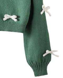 Customized Women Olive Green <b>Cropped</b> Knit Cardigan Sweater With <b>White</b> Bow Applique V Neck Button Front Cute Winter Fashion <b>Top</b> - Product Image 5