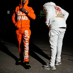 Ensemble deux pièces personnalisé vintage : sweat à capuche et pantalon évasé avec fermeture éclair, broderie, effet délavé soleil et délavé à l'acide, survêtement homme - Product Image 1