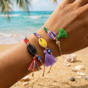 <span class=keywords><strong>Bracelet</strong></span> en coquillage de cowrie, bijoux de plage d'été Go2boho, charme en pompon coloré, <span class=keywords><strong>bracelet</strong></span> en corde tressée avec œil maléfique - Product Image 1