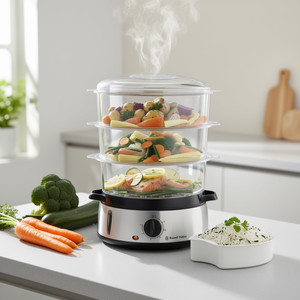 Cuiseur vapeur électrique Russell Hobbs 800W COOK@HOME, capacité de 9 L, avec 3 plateaux, acier inoxydable et noir, modèle 19270 56 - Product Image 3