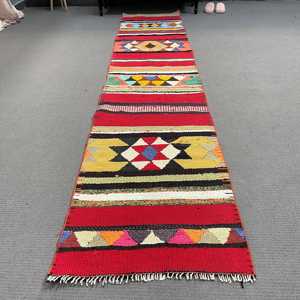 Turkish Vintage Patchwork Rug Eco Friendly Latex Backing 2.2x10.6 ft <b>Red</b> Blue <b>Wool</b> Rug - Product Image 1