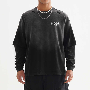 T-shirts sérigraphie personnalisés de haute qualité Vintage déchiré en détresse pierre lavage à l'acide Double couche à manches longues t-shirt pour hommes - Product Image 3