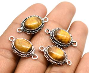 Conector de doble bucle de piedras preciosas de ojo de tigre de 25X14mm, fabricación de joyas chapadas en oro de 18 quilates y plata antigua, lote de - Product Image 4