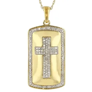 금박 헌신: 화이트 다이아몬드 남성용 개 태그 크로스 펜던트 14K 옐로우 골드 오버 스털링 실버 체인, 우아함의 상징