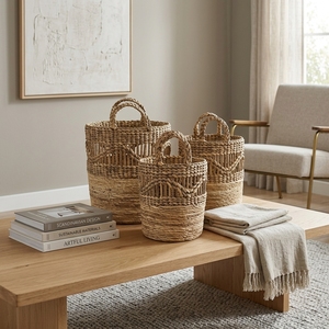Ensemble de paniers en jacinthe d'eau et écorce de bananier naturelle, avec grille à lattes ouvertes, poignée tressée en arche, pour pot de fleurs, organisateur et décoration, Pure Art Desi - Product Image 5