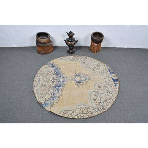 Tapis turc vintage beige bleu 4.5x4,5 pieds fait à la main en laine avec support en latex Patchwork Design Style Tabriz pour salon adolescent - Product Image 3